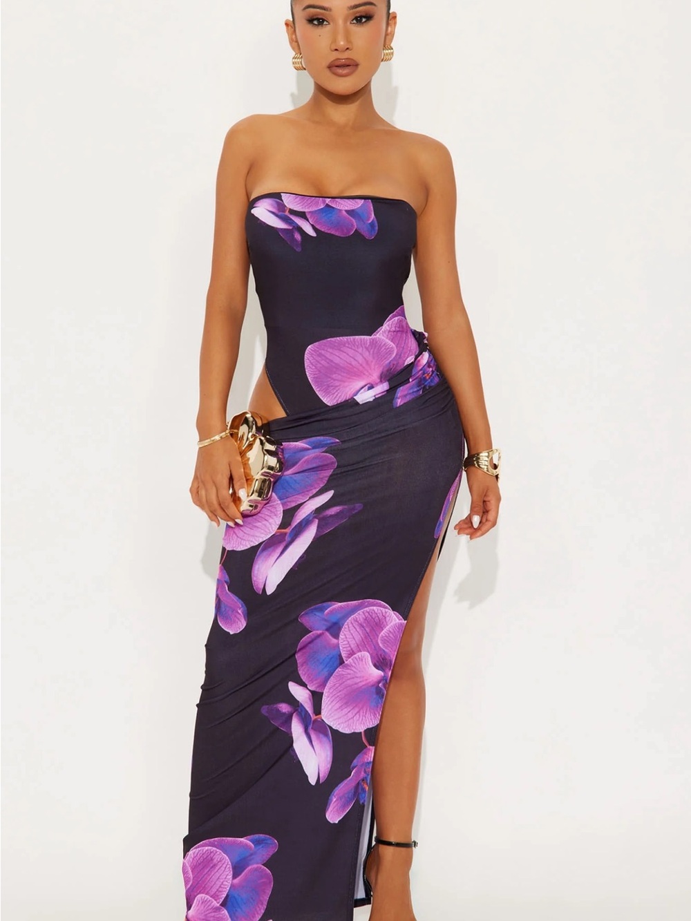 Fashion Nova Strapless Black Dress with Purple Floral Motif